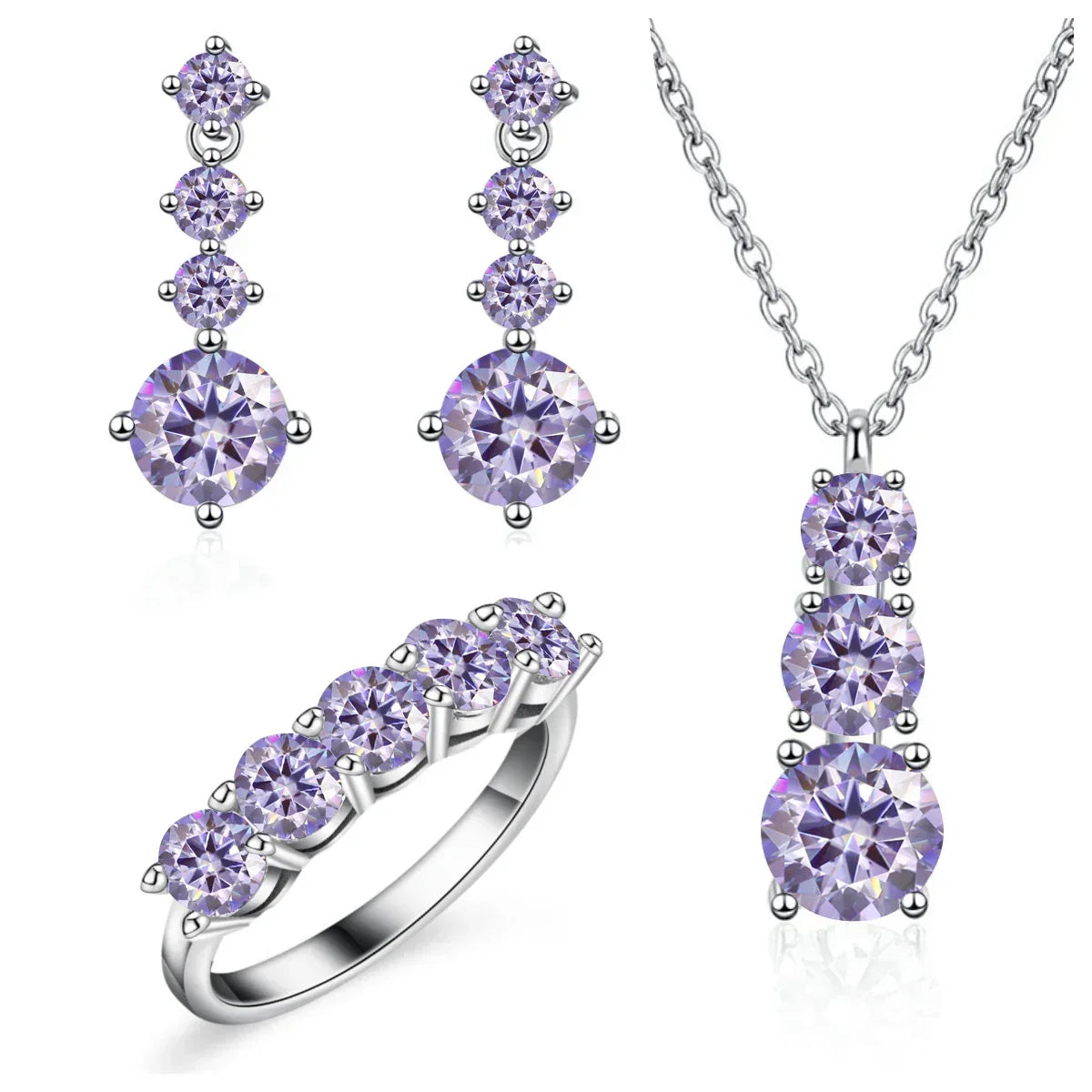 Moissanite 925 Sterling Silver Jewelry Set - Ring Earring Pendant Gift