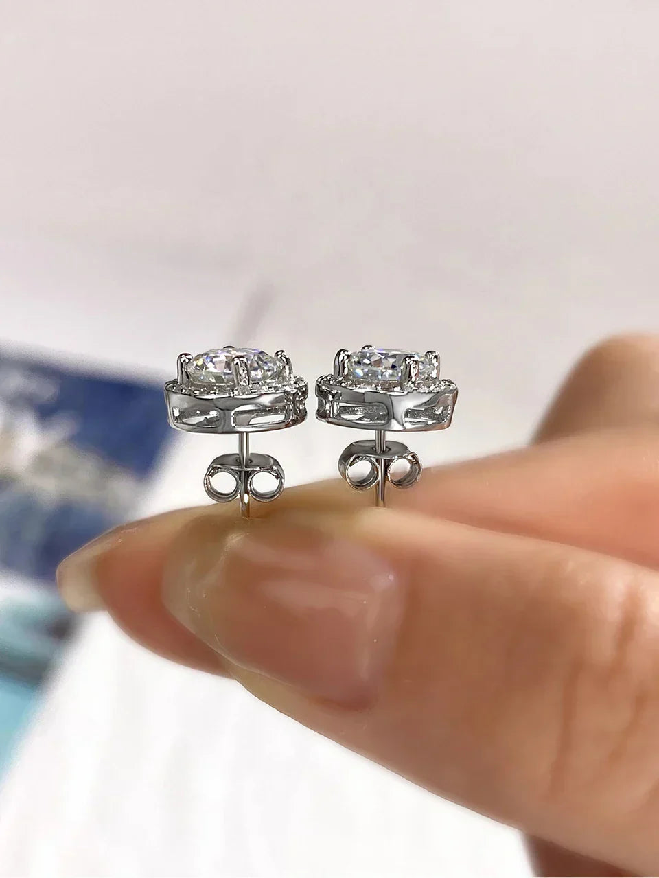 Moissanite Diamond Stud Earrings 925 Sterling Silver Round Halo Wedding Jewelry